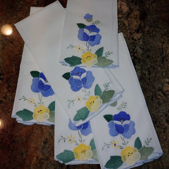 5 Applique Embroidered Floral Cotton Matching Tea Hand Towels 13x21 - Picture 1 of 8